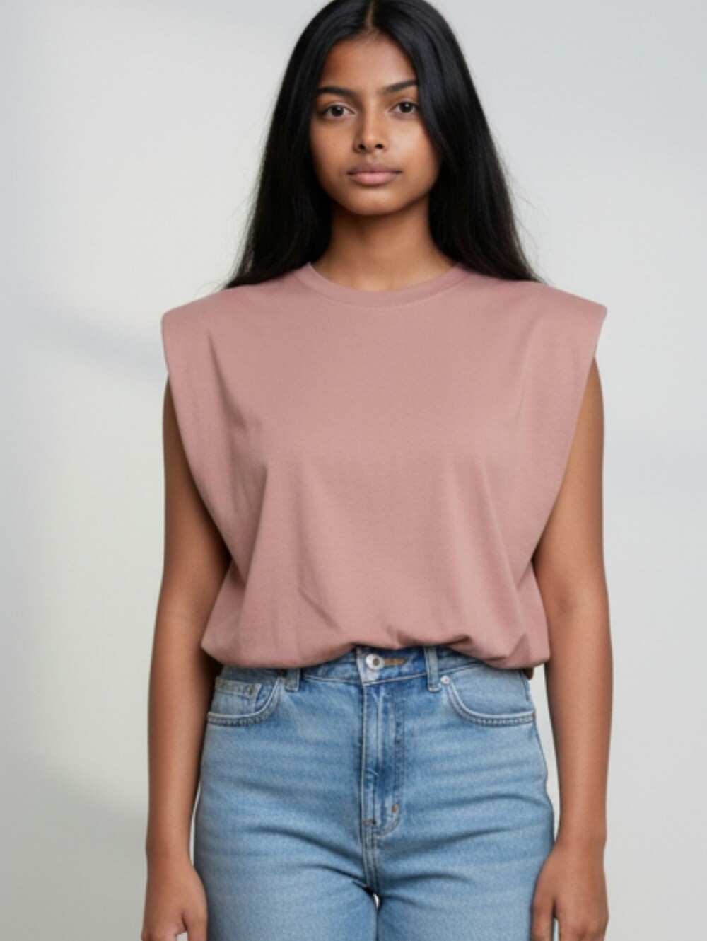 TheMogan Padded Shoulder Muscle Tee Medium Mauve Power Shoulder Top